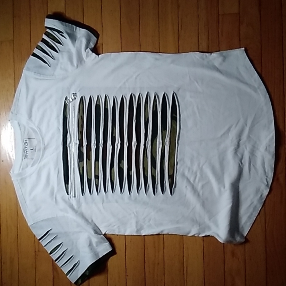 White Ripped Camouflage t-shirt with Zipper NEW!!!!!! 100%cotton